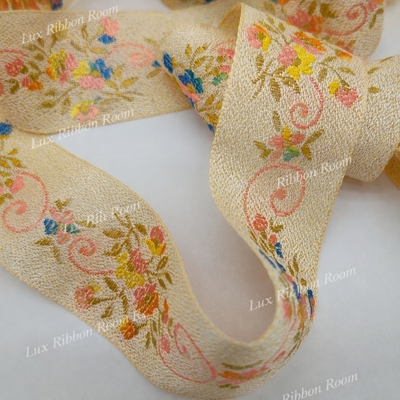 unknown Other - Vintage Japanese Jacquard Floral Ribbon Trim Ivory Gold Three (3) Yards